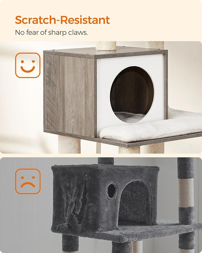 Feandrea Cat Tree, 56.3-Inch Modern Cat Tower, Multi-Level Plush Condo with Scratching Posts, Hammock, Washable Cushion, Heather Greige UPCT164G01