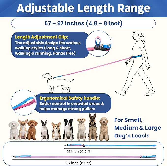 Hands Free Dog Leash, Multifunctional Crossbody Running for Dogs, Ultra-Light Dog Training Leash with Secure Clip, Short & Long Leashes, Adjustable Service Dog Leashes (Aqua Pink)