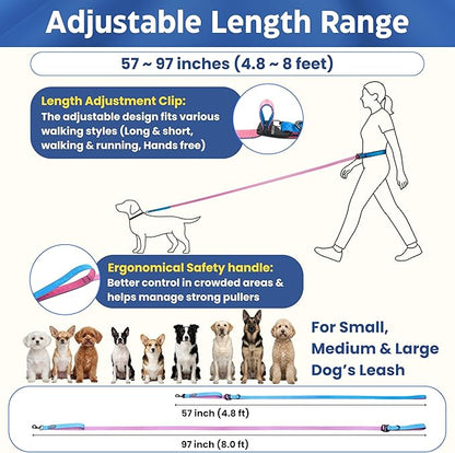 Hands Free Dog Leash, Multifunctional Crossbody Running for Dogs, Ultra-Light Dog Training Leash with Secure Clip, Short & Long Leashes, Adjustable Service Dog Leashes (Aqua Pink)