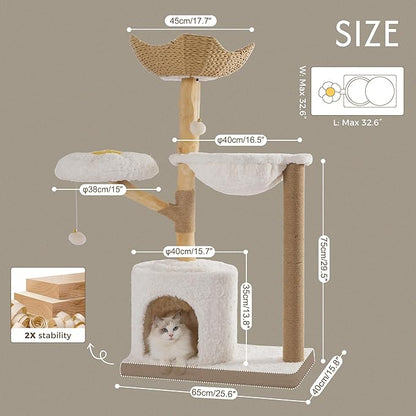 Moewrista Modern Cat Tree with Hammock 48.5 Inches Cat Tower with Scratching Post,Featuring Real Wood Post,Large Rattan Basket, Spacious Flower Perch and Condo for Indoor Cat Large Adults-Beige