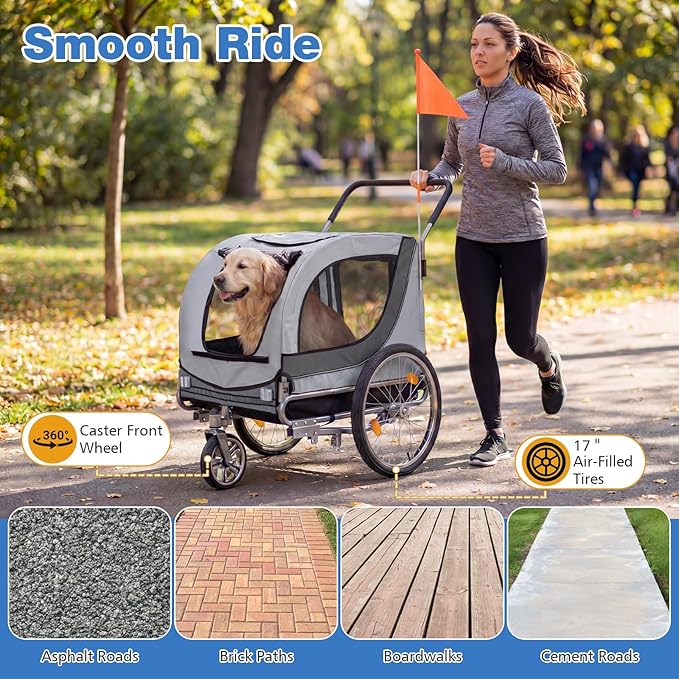 Giantex 2-in-1 Dog Bike Trailer & Pet Stroller for Large Dogs – Foldable Pet Carrier Cart with Front Caster & 2 Air-Filled Tires, Breathable Mesh, PVC Rain Cover, 176 lbs Capacity