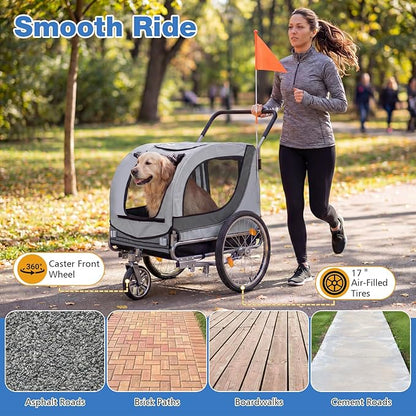 Giantex 2-in-1 Dog Bike Trailer & Pet Stroller for Large Dogs – Foldable Pet Carrier Cart with Front Caster & 2 Air-Filled Tires, Breathable Mesh, PVC Rain Cover, 176 lbs Capacity