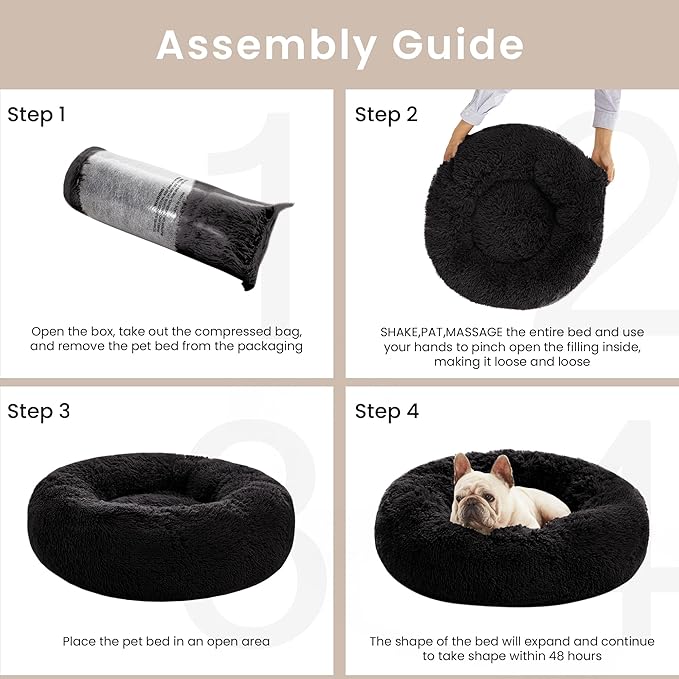 Love's cabin Calming Cat Bed for Indoor Cats,Anti-Anxiety Donut Round Dog Bed,Fluffy Faux Fur Washable Pet Bed for Small Medium Dogs and Cats,Black,20in