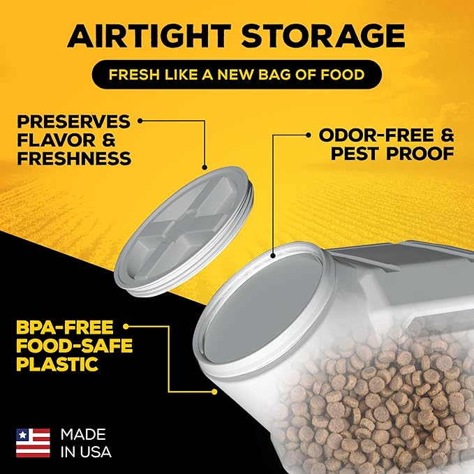 Vittles Vault Traditional Pet Food Storage Container For Dog Kibbles/Bird Seed/Oatmeal/Rice/Flour/Cereal, BPA Free Plastic, Sealed Airtight For Cat Food, Up To 50 lb, Made in USA, With Scoop, Gray