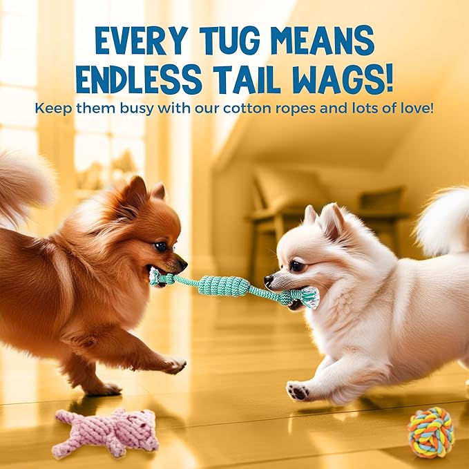 SunGrow Cotton Knot Puppy Chews, 4.5" Tough Teething Chewable Teddy Bear, 2.5" Ball, 12" Durable Oral Chew Rope, Handwoven for Small Breeds Dog, Massage Teeth, Gums, Random Color, 3 Pcs