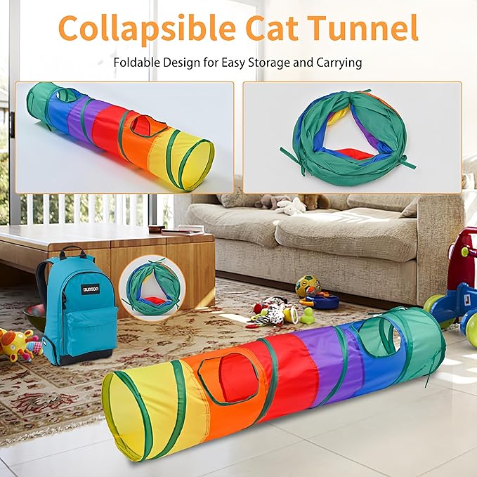25 Pcs Cat Toys for Cats, Indoor Kittens - Interactive Variety Pack, 45 inches Rainbow Cat Tunnel, Feather Teaser, Feather Golf, Mice, Springs, Balls, Noise Toys - Rainbow/Colorful 45"