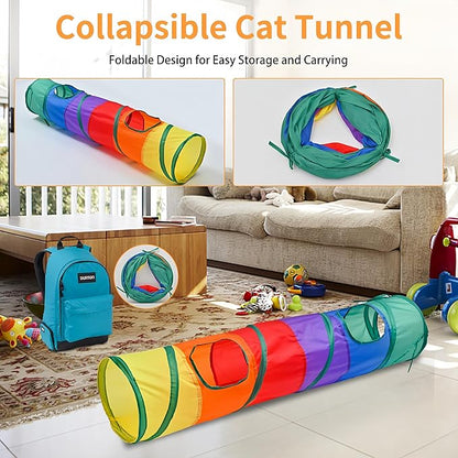 25 Pcs Cat Toys for Cats, Indoor Kittens - Interactive Variety Pack, 45 inches Rainbow Cat Tunnel, Feather Teaser, Feather Golf, Mice, Springs, Balls, Noise Toys - Rainbow/Colorful 45"