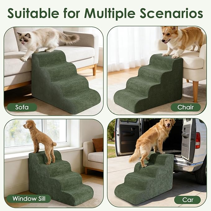 Dog Stairs for Small Dogs 17.7" H, 4-Step Dog Ramp for Aged and Injured Dogs, Foam Pet Stairs for Cats to Get on Bed, Couch or Chair, Non-Slip, Steady, Washable Cover, Green