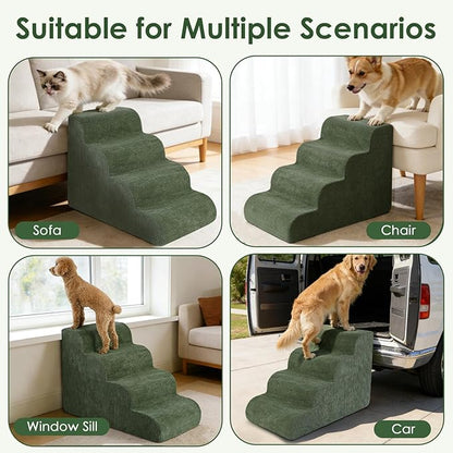 Dog Stairs for Small Dogs 17.7" H, 4-Step Dog Ramp for Aged and Injured Dogs, Foam Pet Stairs for Cats to Get on Bed, Couch or Chair, Non-Slip, Steady, Washable Cover, Green