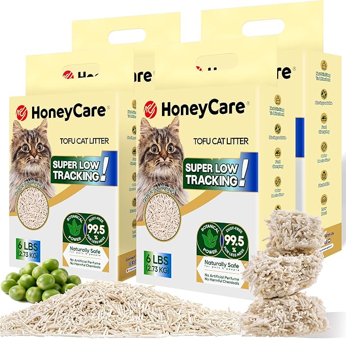 HoneyCare Tofu Cat Litter I 100% Plant-Based Pellets I Flushable & Sustainable I Low-Dust Quick Clumping Superior Odor Control, 24-lbs Value Pack (6 lbs x 4)