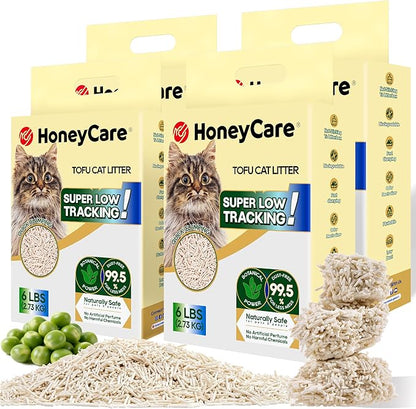 HoneyCare Tofu Cat Litter I 100% Plant-Based Pellets I Flushable & Sustainable I Low-Dust Quick Clumping Superior Odor Control, 24-lbs Value Pack (6 lbs x 4)