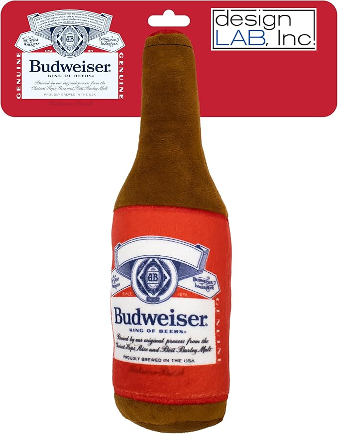 design LAB, Inc. Budweiser Beer Dog Toy | Official Merchandise Beer Bottle Squeaky Plush Toy for Dogs | 10 inch Small Novelty Dog Toys for Fun and Fetch