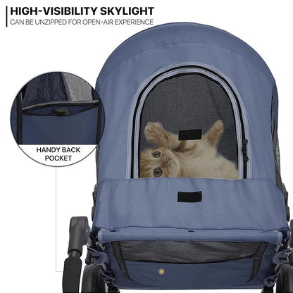 MoNiBloom Pet Stroller for Large Dogs or Multiple Dogs Cats with Adjustable Handle, 3-Wheels Dual Entry Portable Dog Carting Easy Folding Pet Wagon Double Dog Stroller up to 55 lbs, Navy Blue