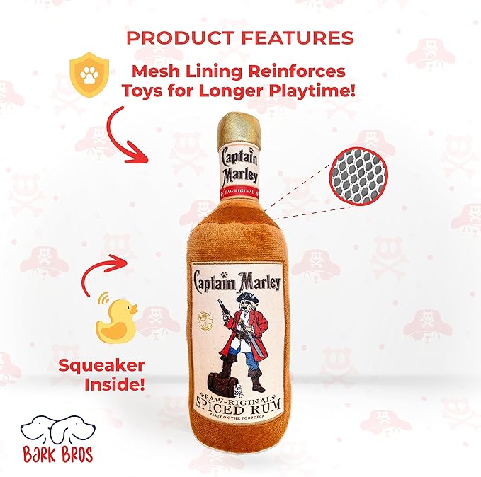 Bark Bros - Liquor Bottle Dog Toy - Plush Squeaky Dog Toys Funny Drink Parody - Alcohol Dog Toy - Dog Birthday Toy - Cute Dog Toys - Puppy Gifts - Puppy Stuff - Dog Stuff (Large, Captain Marley)