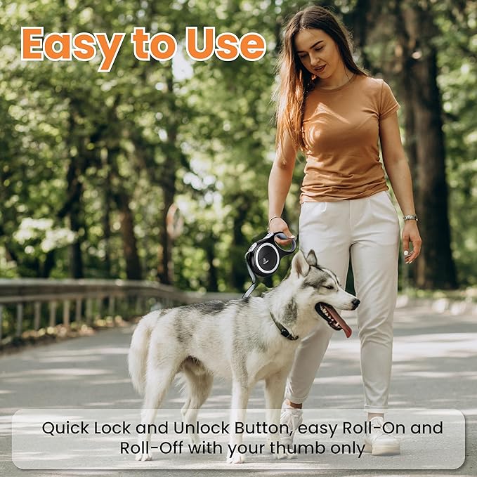 Retractable Dog Leash – Extendable up to 16 FT, Heavy Duty Nylon Tape, No-Tangle, One-Handed Brake & Lock, for Small to X-Large Dogs up to 44 lbs (Black)