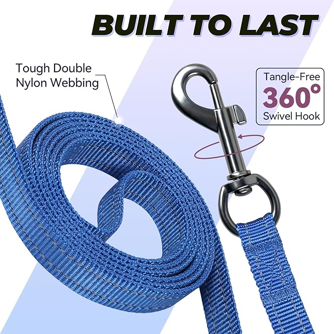 VIVAGLORY Dog Leash Twingrip Double Handle Dog Leash with Traffic Handle Control & 2 Loop for Walking & Training, Reflective Heavy Duty for Puppy Pet Collar, 6ft x 1/2in, Blue
