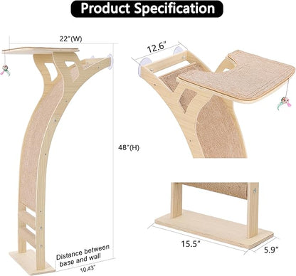 Cat Window Perch with Scratcher Ramp, 48" Climbing Tree Suctions Cups to Window Maximum Hold Up to 45lb, Wood Kitty Bed for Small Window (Drilling-Free)