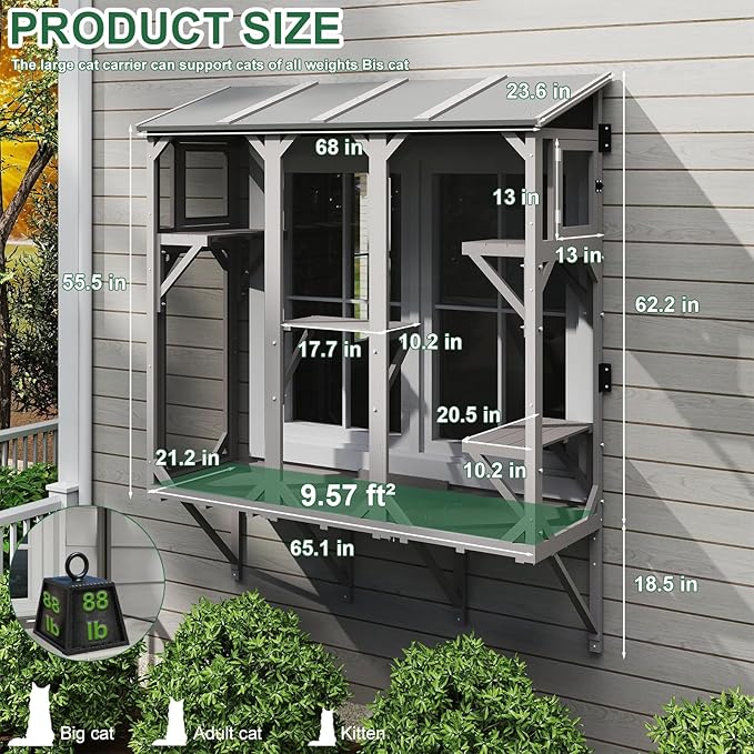 Cat Catio, Expandable Window Box Enclosure for Multiple Indoor Cats, Comfortable Wooden Small Pet Perch House, All-Weather Use, Keep Bugs Insects Out, with 4 Platforms and 3 Doors