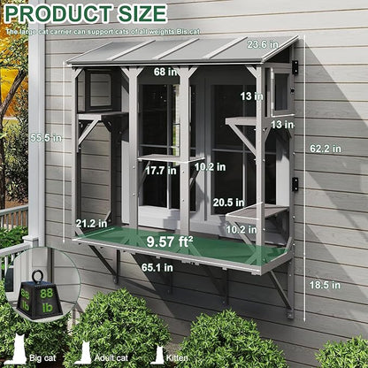Cat Catio, Expandable Window Box Enclosure for Multiple Indoor Cats, Comfortable Wooden Small Pet Perch House, All-Weather Use, Keep Bugs Insects Out, with 4 Platforms and 3 Doors