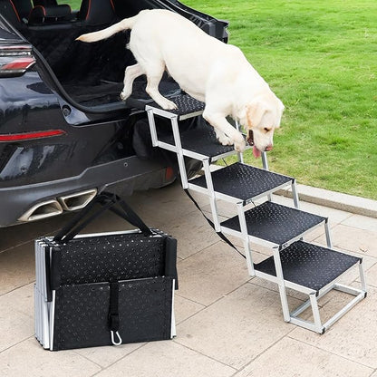 Uross Dog Stairs for Car 5 Steps - Collapsible Dog Steps Ramp for Car and SUV, Aluminum Pet Ramp Stairs for Large Dogs,Telescoping Ladder for Truck, High Bed