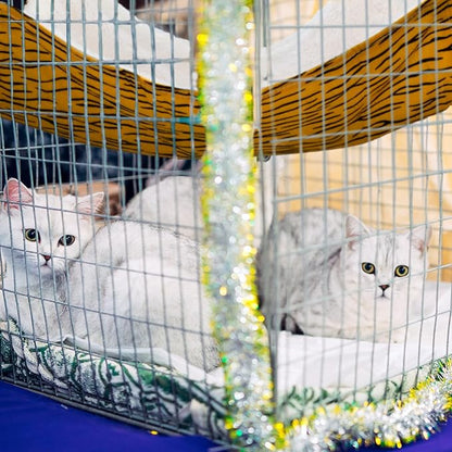 2 Pack Cat Hammock for Cage, Catio Accessories Reversible Soft Cats Bed with Adjustable Straps and Hooks Double-sided Linen and Fleece Hanging Hammock for Cats, Kitten(Zebra and Cat Paw Print,M)