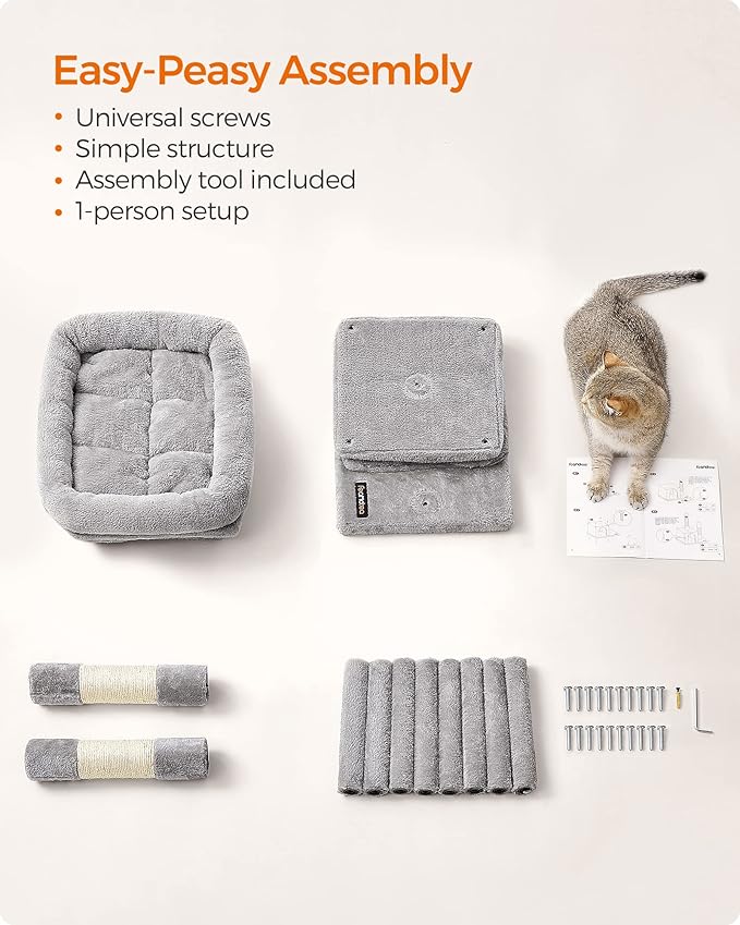 Feandrea Cat Tree, 26.4-Inch Cat Tower, Plush Condo for Kittens up to 7 lb, Large Perch, 2 Caves, Scratching Post, Light Gray UPCT611W01