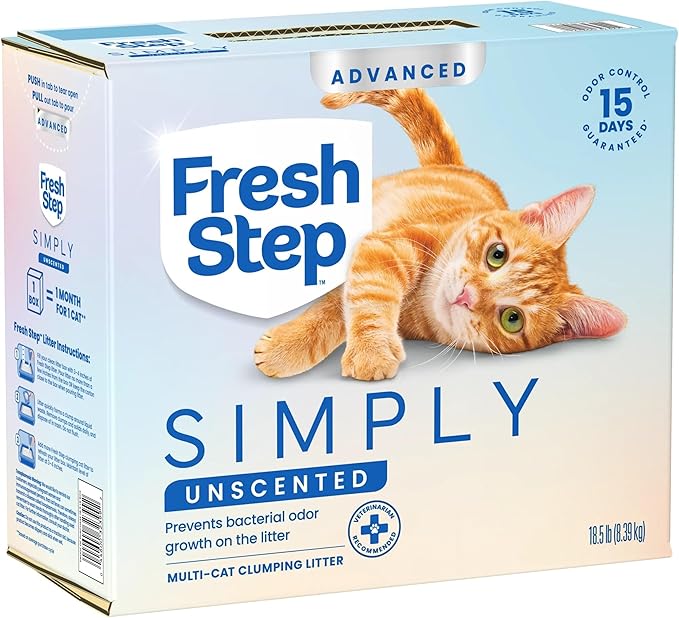 Fresh Step Advanced Simply Unscented Multi Cat Clumping Cat Litter, Low Dust, Odor Control with Activated Charcoal Tech, Compatible in Automatic Litter Boxes, 18.5 lb.