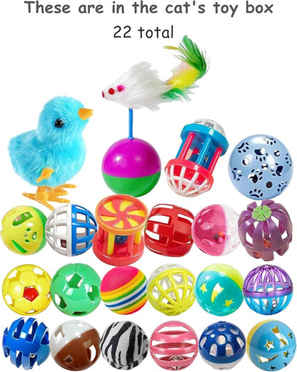 22 Pcs Luxury Cat Toys Set, Indoor Cat Toys for Bored Kittens, Wind-Up Chick Tumbler Mouse Jingle Balls, Interactive Cat Play Toys for All Cat Ages (1.5'' - 6.3'')