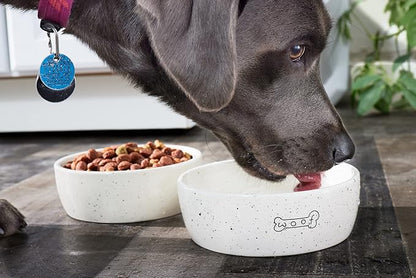 Pearhead Ceramic Dog Bowl – “Woof” Speckled Pet Food & Water Dish, Durable Stoneware, Non-Slip Heavy Base, 20 oz, Medium