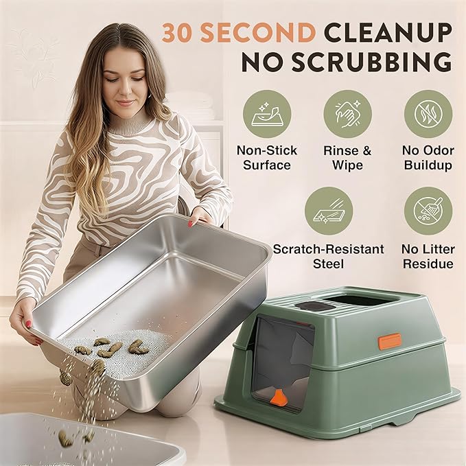 XL Stainless Steel Cat Litter Box with Enclosure and Pooper Scooper - Durable Black Metal Litter Box for Big Cats, High Sides for Anti-Leakage, Never Absorbs Odors, Non-Sticky - (60x40cm) (Sage)