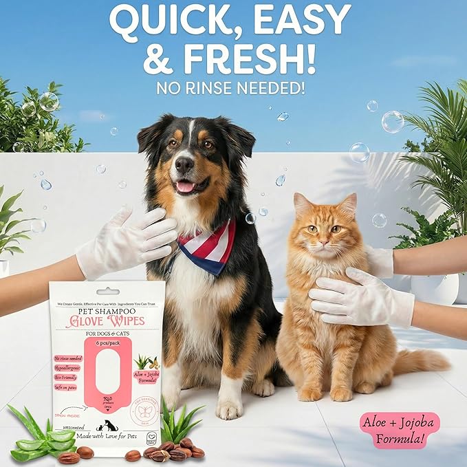 KIL Pet Shampoo Glove Wipes for Dogs & Cats - Hypoallergenic Bath Gloves with Aloe & Jojoba - No Rinse Needed - Deodorizing & Grooming - 6ct Travel Pack