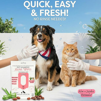 KIL Pet Shampoo Glove Wipes for Dogs & Cats - Hypoallergenic Bath Gloves with Aloe & Jojoba - No Rinse Needed - Deodorizing & Grooming - 6ct Travel Pack