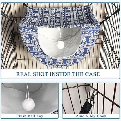 JSPYFITS Cat Cage Hammock with Ball,Double Layer Hanging Adjustable Soft Pet Bed Suit for Kitten Ferret Puppy Rabbit or Small Pet, 2 Level Indoor Bed for All Season(Blue Elephant)