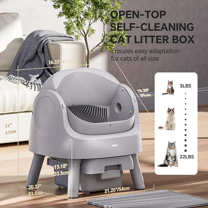 Automatic Self Cleaning Litter Box, with 4 Pairs Infrared Senor, Open-Top Design for Multi-Cat Homes, Comes with Liner Bags and Cat Litter Mat, Grey