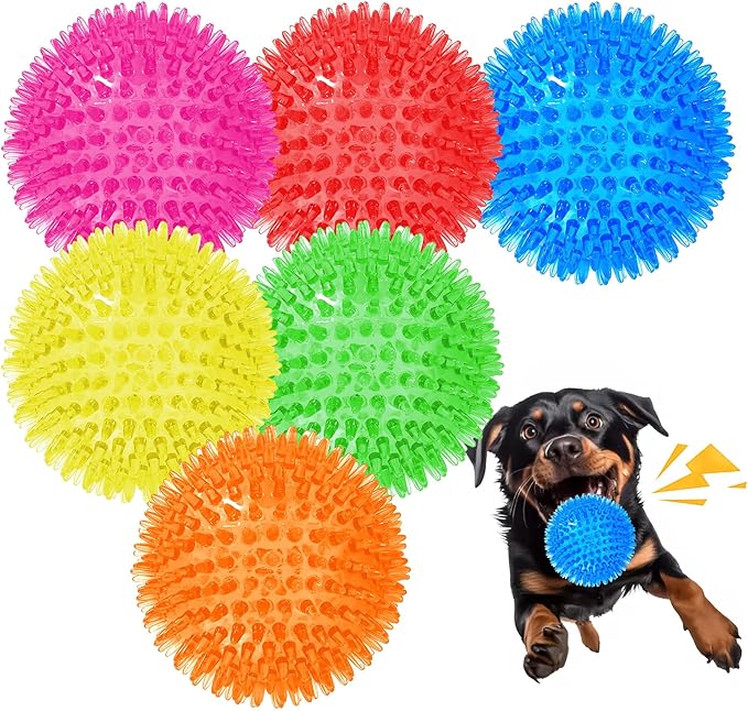 6 Pack 3.5” Squeaky Dog Balls for Large and Medium Dogs, Spiky Balls for Teething Puppies