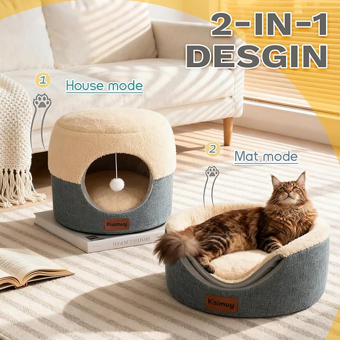 Cat Cave Bed for Indoor Cats, 2-in-1 Convertible Cat House & Lounge with Reversible Plush Cushion – Calming Anti-Anxiety Anti-Slip Pet Bed for Small Dogs & Kittens, Cozy Hideaway Tent, 19.7 inches