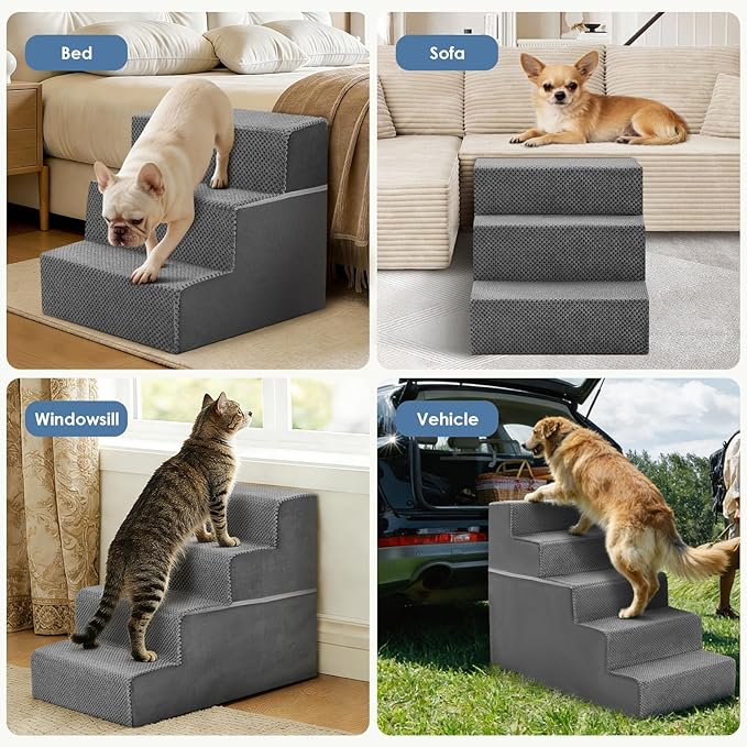DUMOS Dog Stairs for Small Dogs, 3-Steps Non-Slip Balanced Indoor Foldable Dog Steps with Density Foam & Washable Cover, Cat Puppy Old Pet Stairs for High Bed, Couch, Sofa - Grey, 18" H