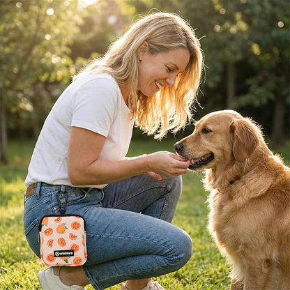 Dog Treat Pouch with Training Clicker,Waterproof Nylon Fabric Poop Bag Holders for Leashes,Hands Free Small Dog Walking Bag with Carabiner, Pet Puppy Training Walking Essentials(Grapefruit)