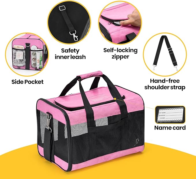 Dog Carrier Soft Sided, Large Cat Carrier with Inner Safety Leash, Pet Transport Carrier for Large Cats and Medium Dogs up to 20 Lbs, Collapsible Travel Puppy Carrier Bag -Pink L