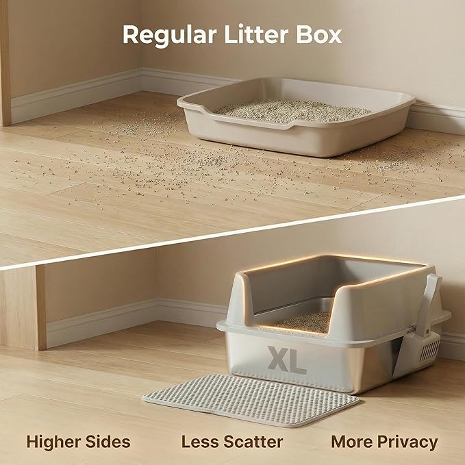 XL Stainless Steel Litter Box with Lid, Extra Large High Sided Metal Cat Litter Box with Mat and Scooper, Easy Clean, Non Stick & No Smell