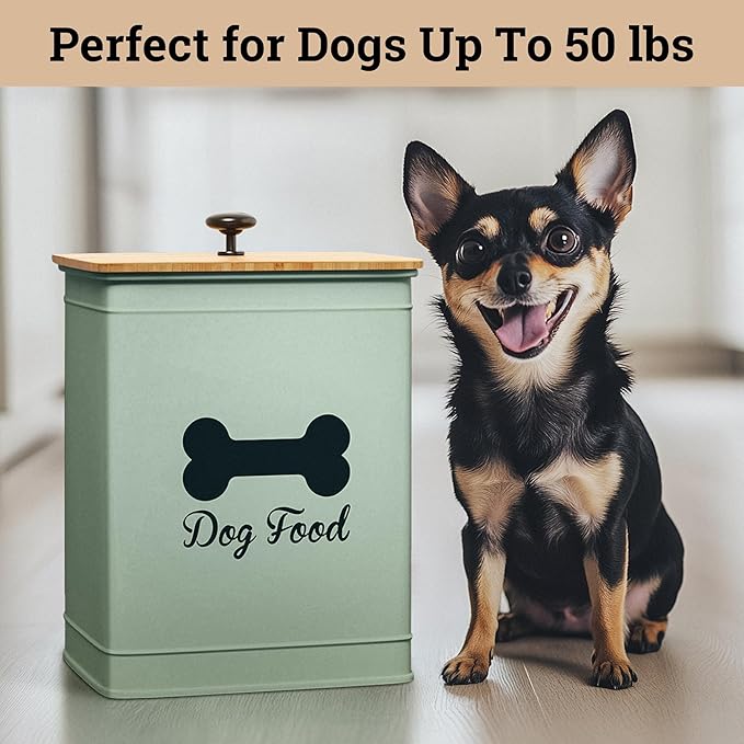 Dog Food Container Airtight 5-7 lb (25 Cup) Capacity - Cute Airtight Dog Food Storage Container with Bamboo Lid & Sturdy Metal Handle - Green Metal Kibble Storage Bin for Dogs up to 50 lbs - Pet Jar
