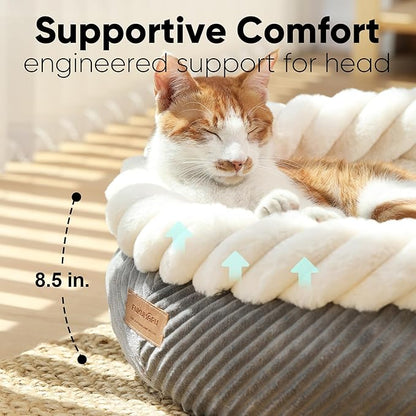 FUKUMARU Cat Bed, Calming Donut Dog Beds, Plush Faux Fur&Corduroy Cat Beds, Cute Round Washable Pet Bed for Large Cats and Small Dogs, Cat Cave with Anti-Slip Bottom, 21inch, Grey