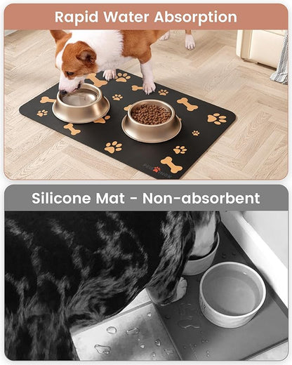 Cat Dog Food Mat, Rapid Water Absorption Dog Mat for Food and Water,100% Waterproof Cat Dog Bowl Mat, 16"x27"-Black