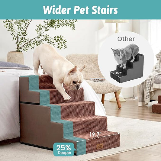 Dog Stairs with Detachable Zipper, 19.7" Extra Wide Right-Angle Pet Stairs for Bed, Anti-Slip Dog Steps for Lowrider and Puppy, Elderly Cats with Support Board, 19.7x29.5x23.6 inch, Brown