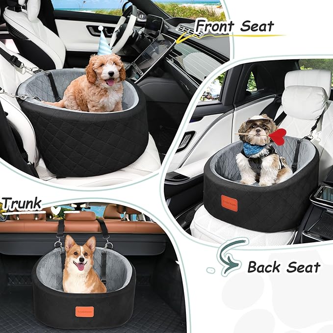 Lealchum Dog Car Seat for Small Dogs Up to 30 Lbs,Ultra Soft Fabric Fill in Comfy Memory Foam,Happy Pet Ride,2 Safety Dog Leashes,Fully Detachable and Washable,Anti Slip Base(Black/Grey)