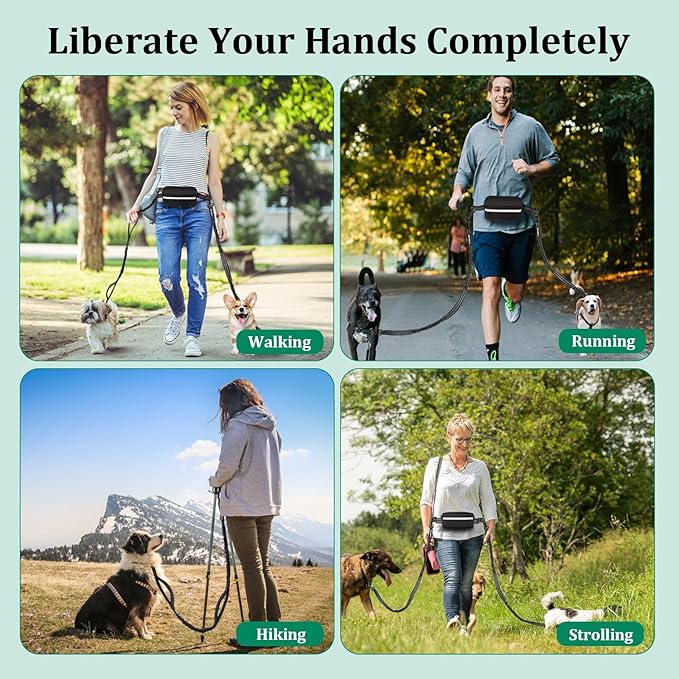 Philorn Hands Free Dog Leash for 2 Dogs, Adjustable Waist Leash for Medium Large Dogs Walking, Running, Jogging, Hiking, Dual Handles and Durable Bungee