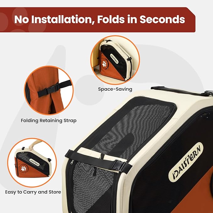 Collapsible Dog Crate for Travel, Portable Pet Crate for Small & Large Dogs, Soft-Sided Car Kennel with Heavy-Duty Metal Frame, Mesh Windows, Feeding/Comfort Access for Backseat Trunk Brown