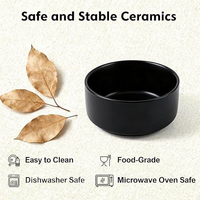 Elevated/Raised Ceramic Dog Bowl with Bamboo Stand，6 Inch 3.6 Cups Non Slip Heavy Weighted Single Pet Dish, for Small Medium Breed & Cats,Reduces Neck Strain Black