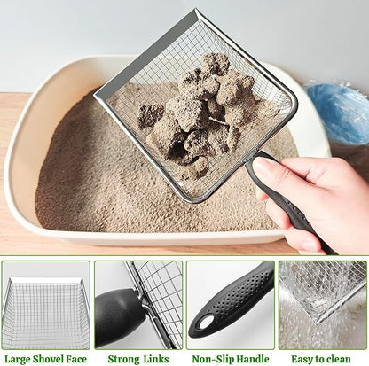 Widened Metal Cat Litter Scoop, Cat Scooper for Litter Box, Stainless Steel Pellet Kitty Litter Scoop, Cat Litter Scooper with Sticky Hang Hook for Easy Storage, Quickly Filter Litter Lumps(6mm Mesh)