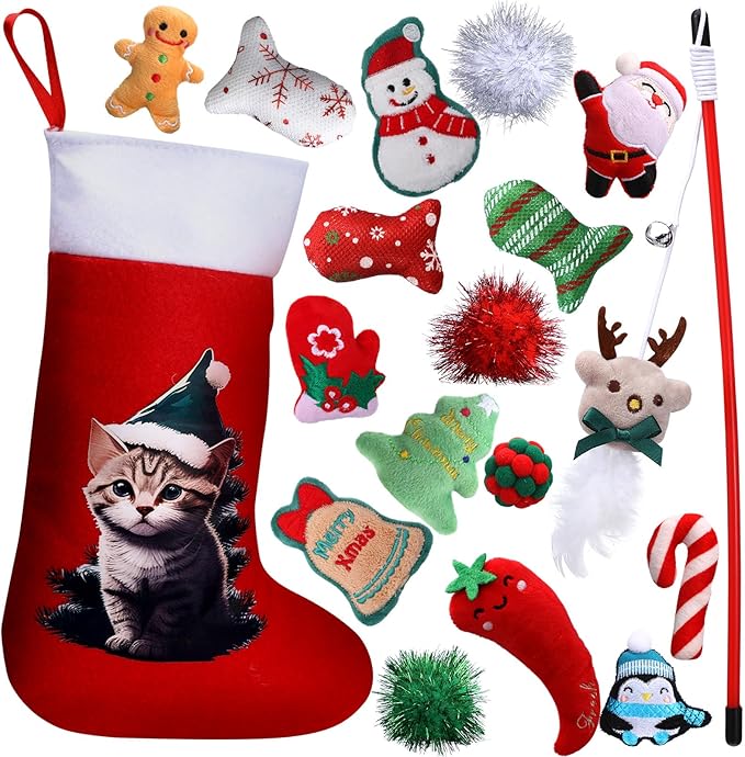 Syhood 18 Pcs Christmas Cat Stocking Toys Catnip Toys Set, Include Kitten Interactive Wand Toy Cat Chew Toy Teaser Wand Teething Mouse Santa Fish Ball Feather Toy Christmas Hanging Stocking for Pet
